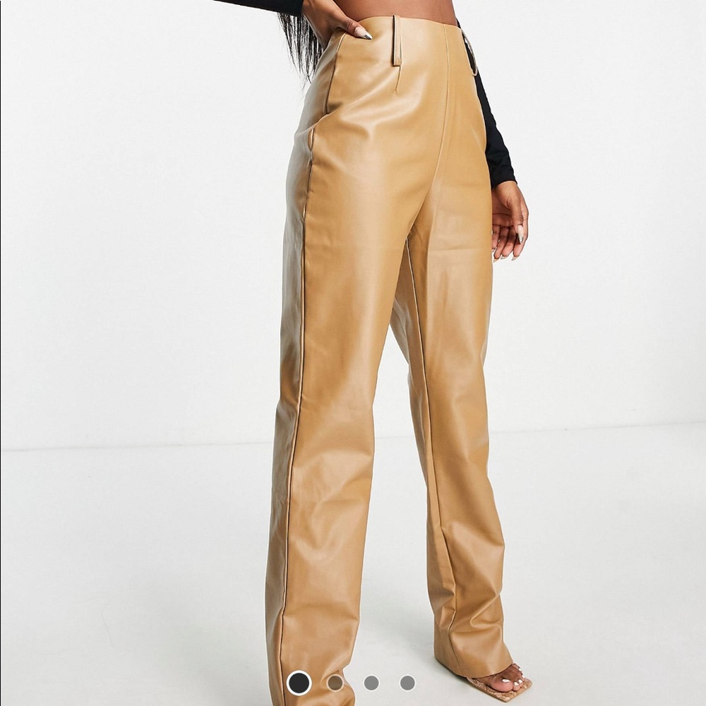 Missy empire ASOS exclusive leather look straight leg pants in camel